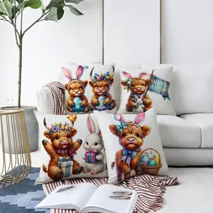 4pcs Cute Highland Cow - like Throw Pillow Covers, Multiple Specifications Available, Multi - color, Soft Fluffy Fabric, for Home Decor, Living Room, Bedroom, Featuring Bunny Ears & Plaid Bow Design, Ideal for Easter & Daily Use