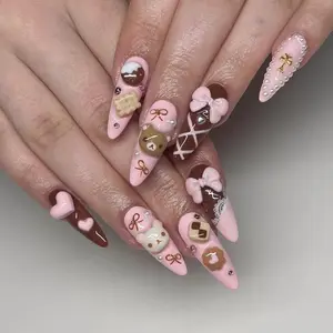 HelenNails - Chocolate Bear Press On Nails | Pink & Brown Candy-Themed Fake Nails | Sweet Teddy Bear Nail Art -HL246