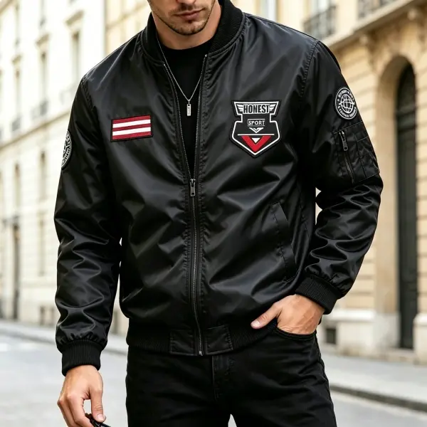 Men’s versatile trendy military-style aviator jacket, casual zip-up jacket with patches, streetwear universal style, gift for boyfriend or husband