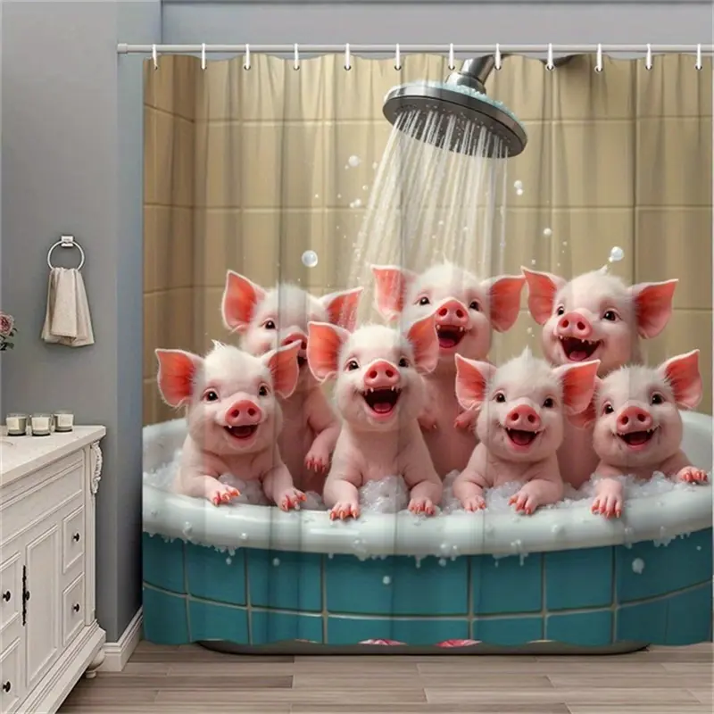 Playful Pigs Splashing in Bathtub Shower Curtain with Soap Bubbles Design with Hooks, Machine Washable Bathroom Decor for Bathtub, Washroom Accessory, Whimsical Animal Theme