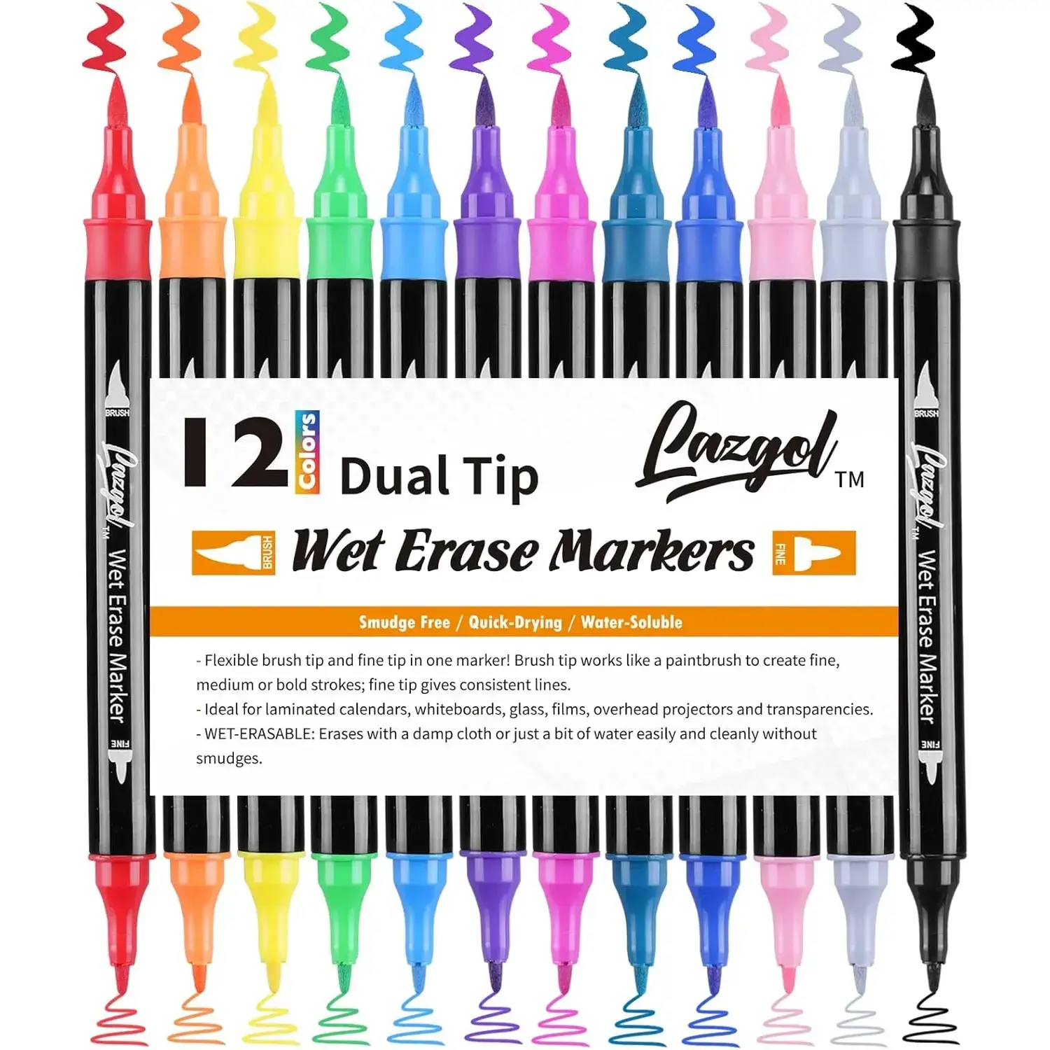 Dual-Tip Wet Erase Markers - 12 Colors (Brush & Fine Tips), Easily Wipe Off with Damp Cloth, Erase Easy Office Stationery for Classroom Use, Laminated Calendars, Schedule Planning, Dry Erase Whiteboards