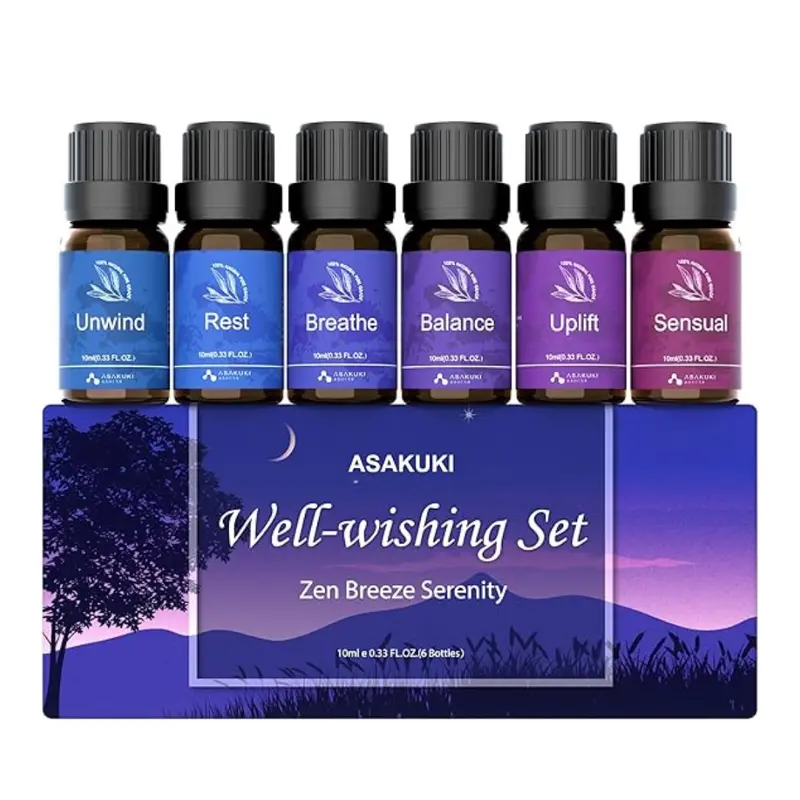 ASAKUKI Alcohol-Free Essential Oil Gift Set - 6x10ml Aromatherapy Carrier & Soothing Oils, Balance-Focused Well-Wishing Kit for Diffusers, Humidifiers, Ideal Selfcare Wellness Gift for Any Occasion