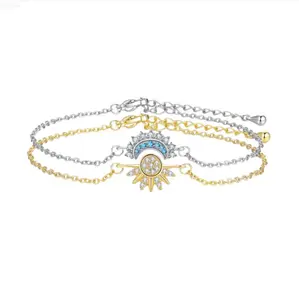 Sun & Moon Matching Bracelet Set, Crystal Accent Gold & Silver Plated Couple Jewelry, Interlocking His & Hers Stackable Chain,bracelets for women