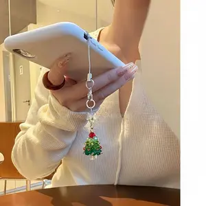 Handmade Beaded Christmas Tree Phone Charm Green Crystal with Red Star Festive Holiday Accessory for All Phone Cases with Charm Holes