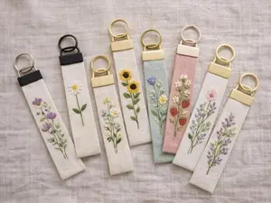 Hand-Embroidered Floral Keychain on Linen Fabric – Minimalist Botanical Key Fob Gift for Her