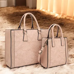 BagParty Spring Fashion 2-Piece Vegan Leather Tote Bag Set - Hibiscus Flower, All Match Trendy Women Working Bag, Everyday Bag for Office Lady