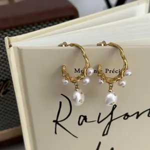 French Vintage Style Freshwater real pearl dangle gold plated open hoops earrings.