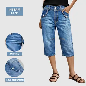Flamingals Flap Decor Dual Button High Waist Barrel Leg Capri Jeans Stretchy 18.5 Inseam