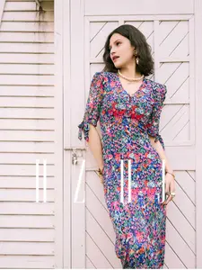 Hzhj Original Designer Floral Dress V Neck Slimming Elegant Fashion, Women's Summer Casual Long Sleeve A-Line Dresses