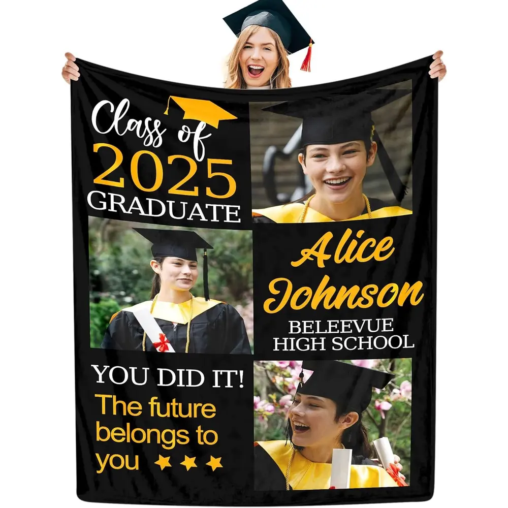 Custom Graduate Blanket with Photo Collage Personalized Picture Blanket for Class of 2025 Graduates Customized Throw Blanket Gifts for Graduation Friends Classmates