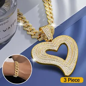 Edgy Punk Hip Hop Cuban Chain Jewelry Set - Unisex Necklace and Bracelet with Irregular Heart Shaped Pendant, A Bold Street Accessory for Party, Daily Wear and Fashion Gift