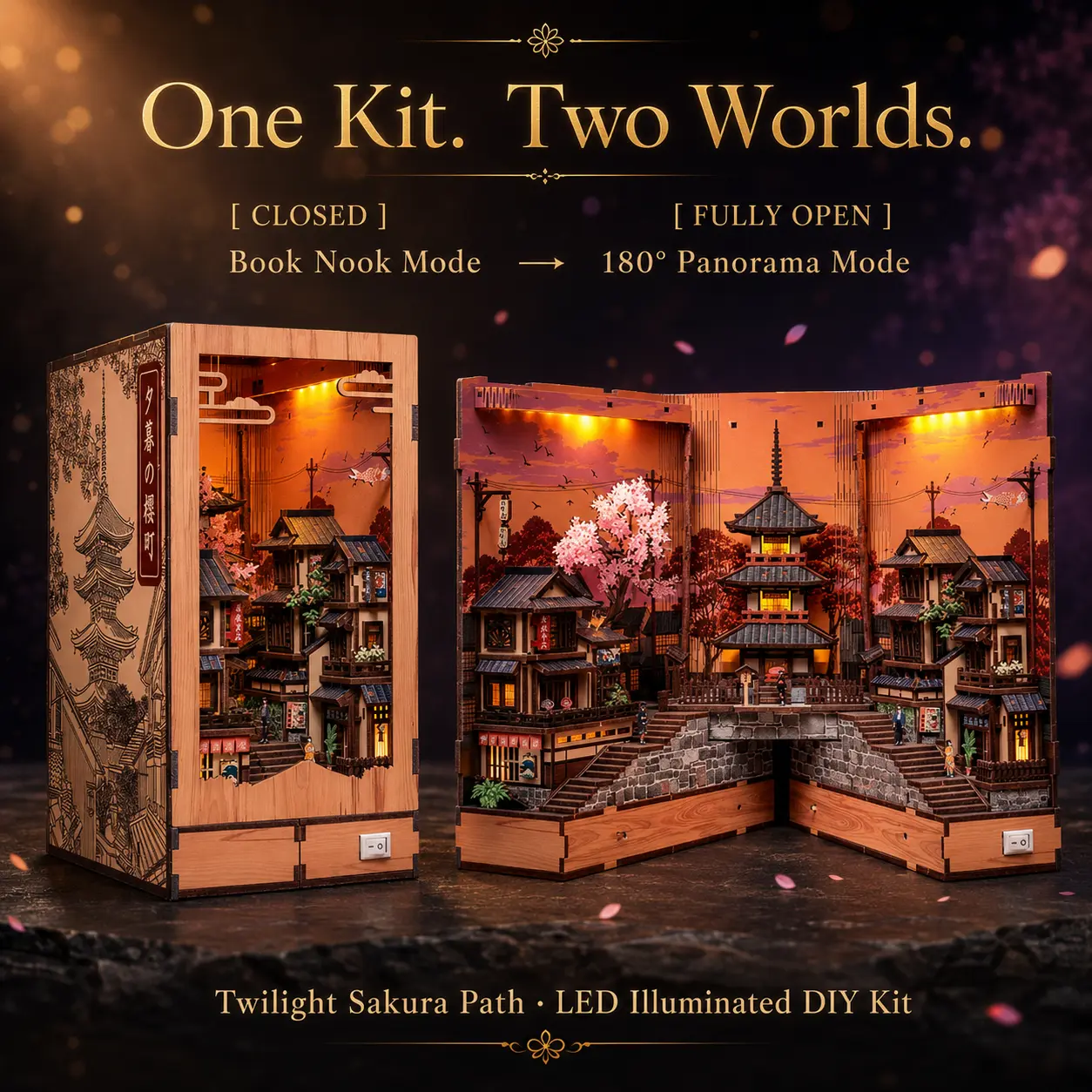 Twilight Sakura Path DIY LED Book Nook Kit, Japanese Sakura Street Miniature House Kit with 180° Opening Design, Warm Light Bookshelf Insert Decor, Creative Gift for Adults & Teens