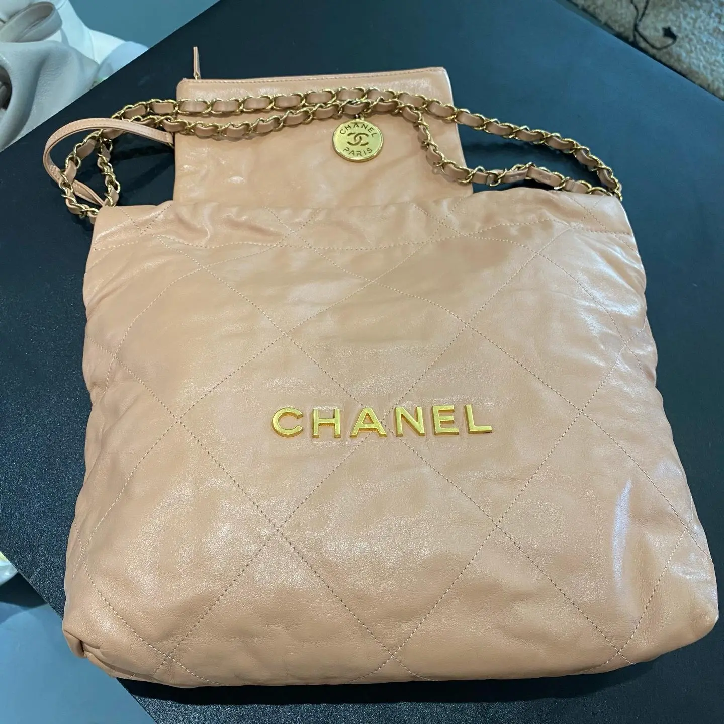 Pre-owned Chanel 22bag small milk tea color tote bag size 36*30*7cm chip style XH 23662999
