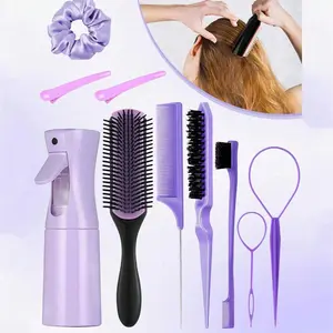 Hair Care Set, Hollow Scalp Brush & Premium Hair Brush & Rat Tail Comb & Spray Bottle & Hair Clips & Hair Tie, Heatless Styling Tools for Women & Girls