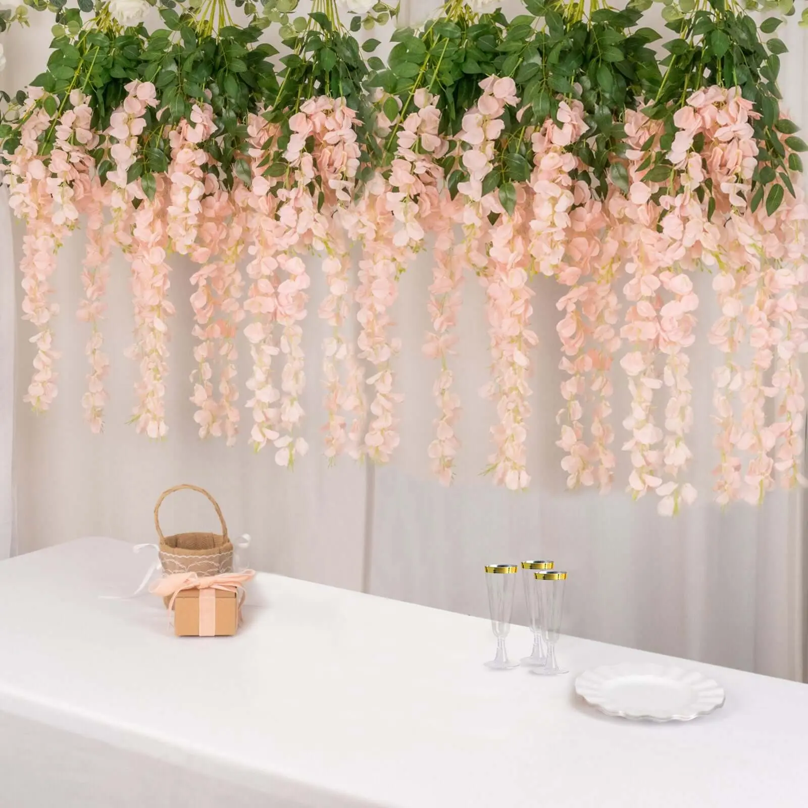 Blush Pink Silk Fabric Artificial Hanging Flower Garland Climbing Vines (5-Packs/44in), Decorative Ornaments with 3 Strands per Bush (5-Pack Set for Home Decor)