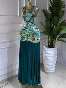 QFAF Women's Chic Printed Ruched Layered Bodycon Flare Long Dress, Winter Evening Party Education Vacation Dress, Elegant and Stylish