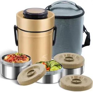 67oz Thermos for Hot Food, 3 Layered Stackable Insulated Lunch Box, Soup Thermos Jar Comes with an insulated bag, suitable for office lunches and outdoor dining, among other uses (Gold)