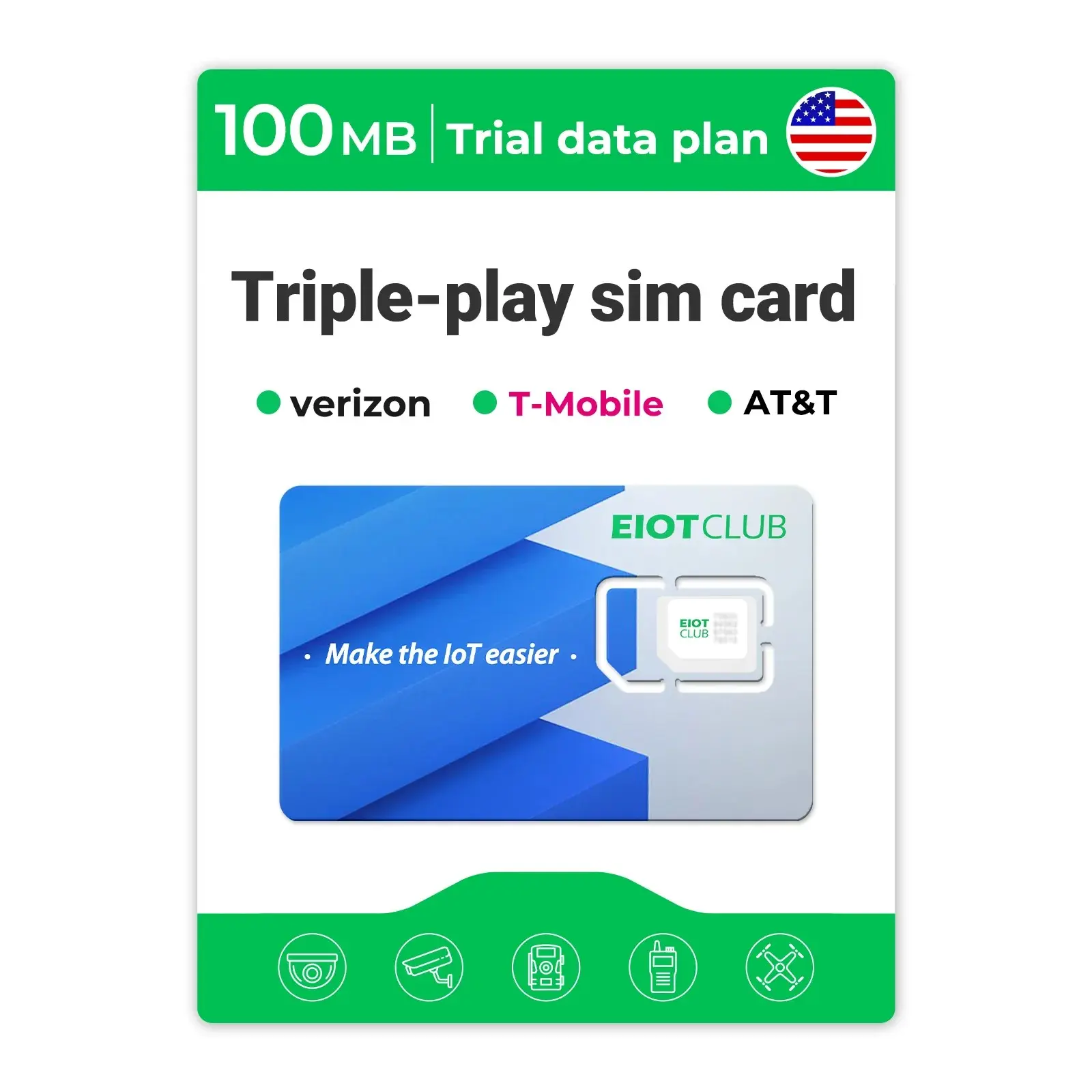 EIOTCLUB Prepaid Data Only SIM Card- Supports Verizon, AT&T, T-Mobile for Security Cameras, Unlocked IoT Devices, Pre-Cut Nano/Micro/Standard