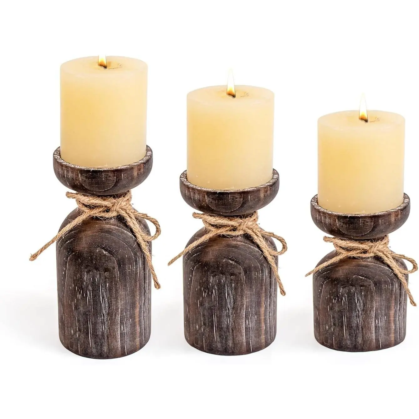 Wooden Candle Holders for Pillar Candles, Brown Distressed Set of 3 Rustic Wood Candle Stands with Hemp Rope Bow Table Centerpiece Decor for Fireplace Living Dining Room