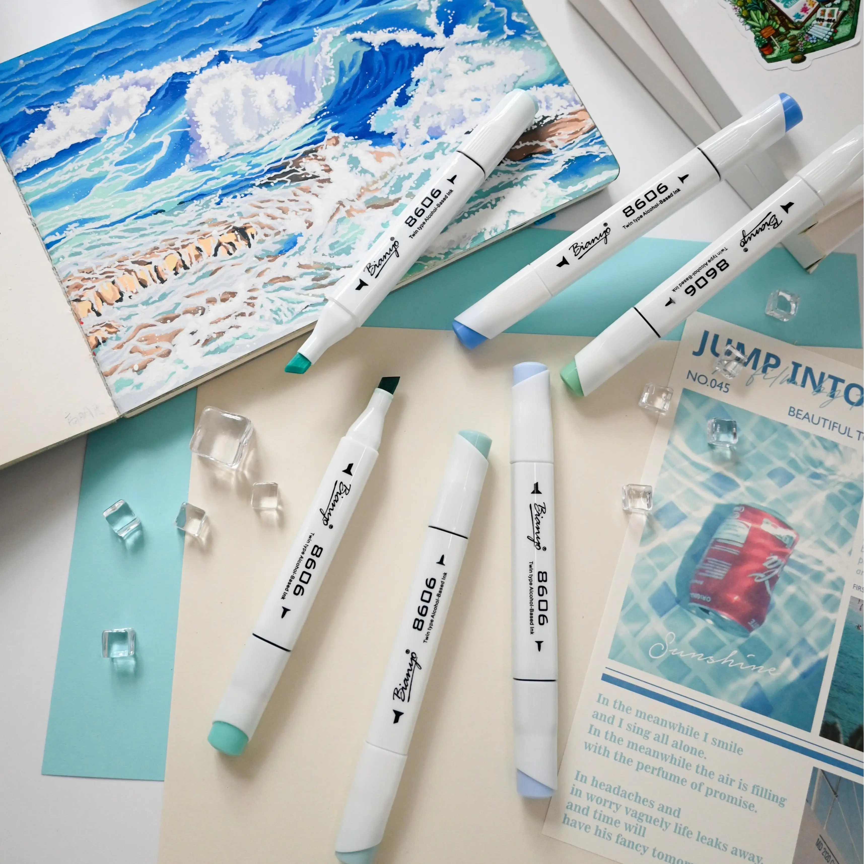 Bianyo 6 Dual-Tip Alcohol Markers Set - Fine & Chisel Tip Markers in Earth, Skin, Cool Gray, Warm Gray, Ocean & Sky Tones, Smooth Blending for Coloring, Sketching, Office Stationery Needs, Mark