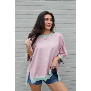 Candy Stripe Lettuce Edge Short Sleeve Sweatshirt Top