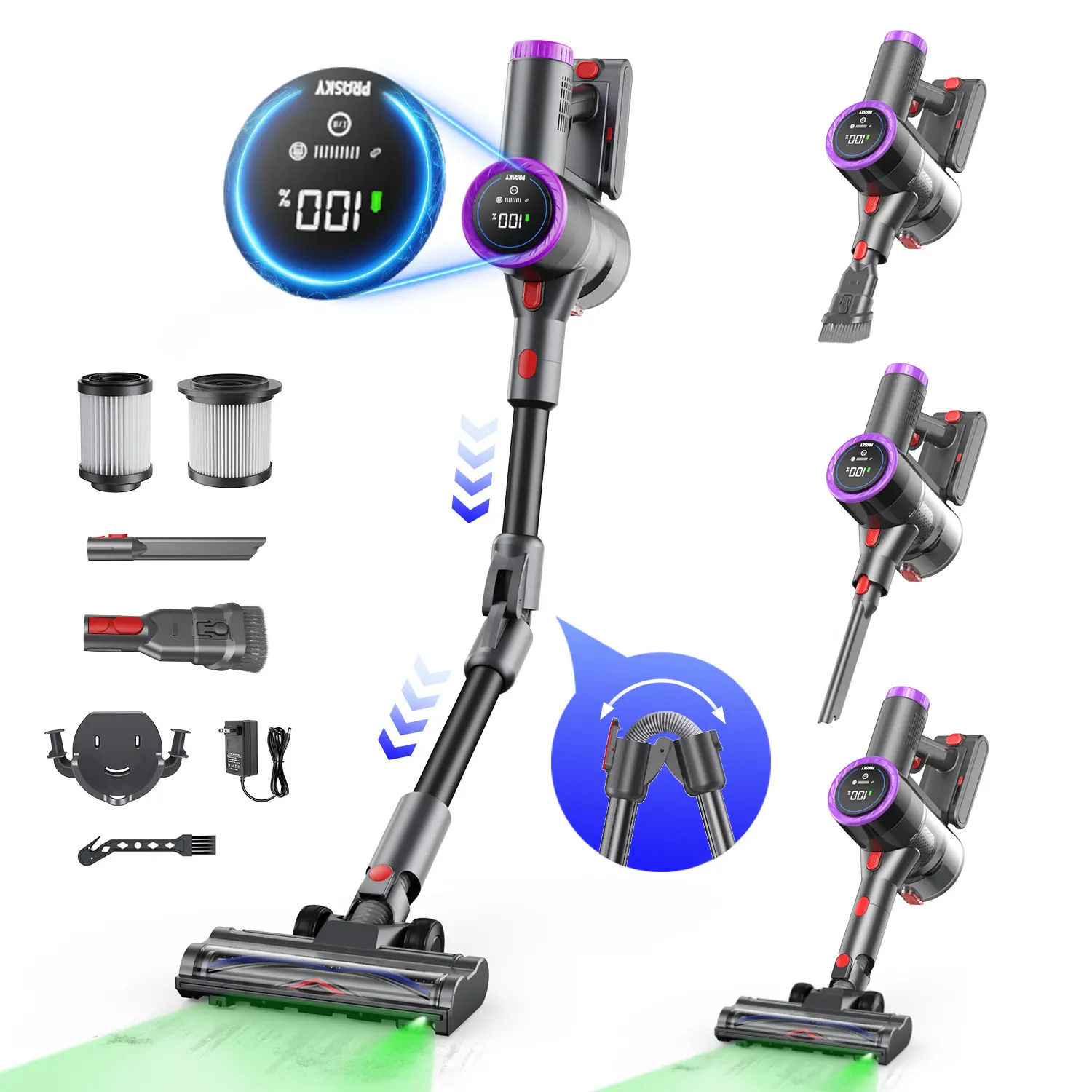 Prasky Cordless 9-in-1 Vacuum Cleaner, Folding & Self-Standing, Stick Vacuum with Charging Station & Removable Battery, Intelligent Alert Mode & 1.5-Liter Dustbin for Home/Pet Hair/Carpet/Hard Floors,summerwins