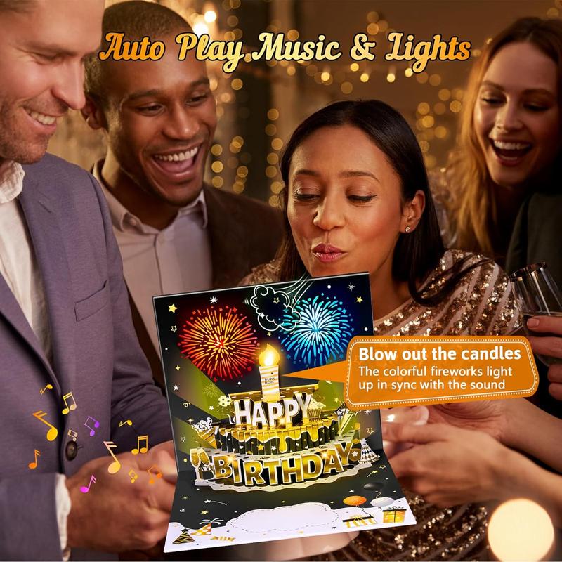 INPHER DIY Age Birthday Cards Fireworks Pop Up Cake Light and Music Black and Gold Happy Birthday Card Gift for Husband, Men, Women, Mom, Grandma