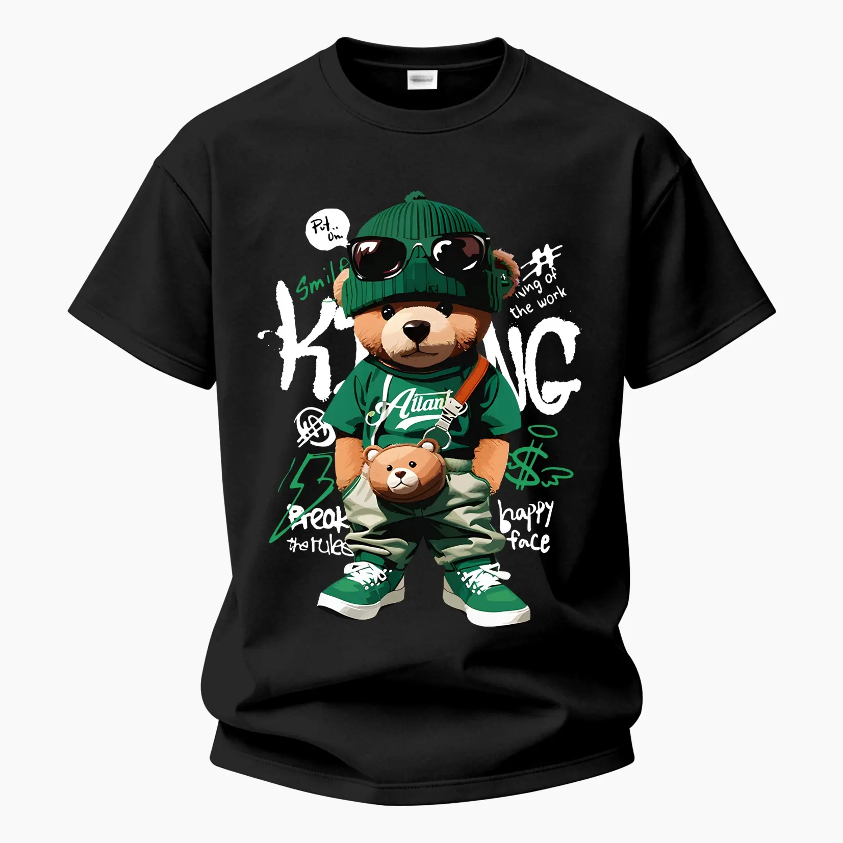 Men's Vintage 100% Pure Cotton Short-Sleeve Round Neck Top, Hip-Hop Bear Hot Stamping Graphic, Micro Elastic Breathable Menswear Streetwear for Summer Daily Wear