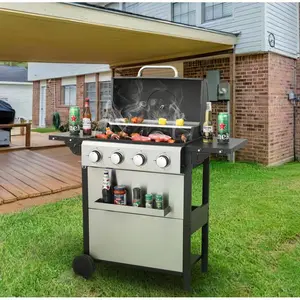 4-Burner Propane Gas BBQ Grill, 34200BTU Output With Wire Enamel Cooking Grids For Outdoor Barbecue, Foldable Side Table, Hanging Basket, Stainless Steel Rack