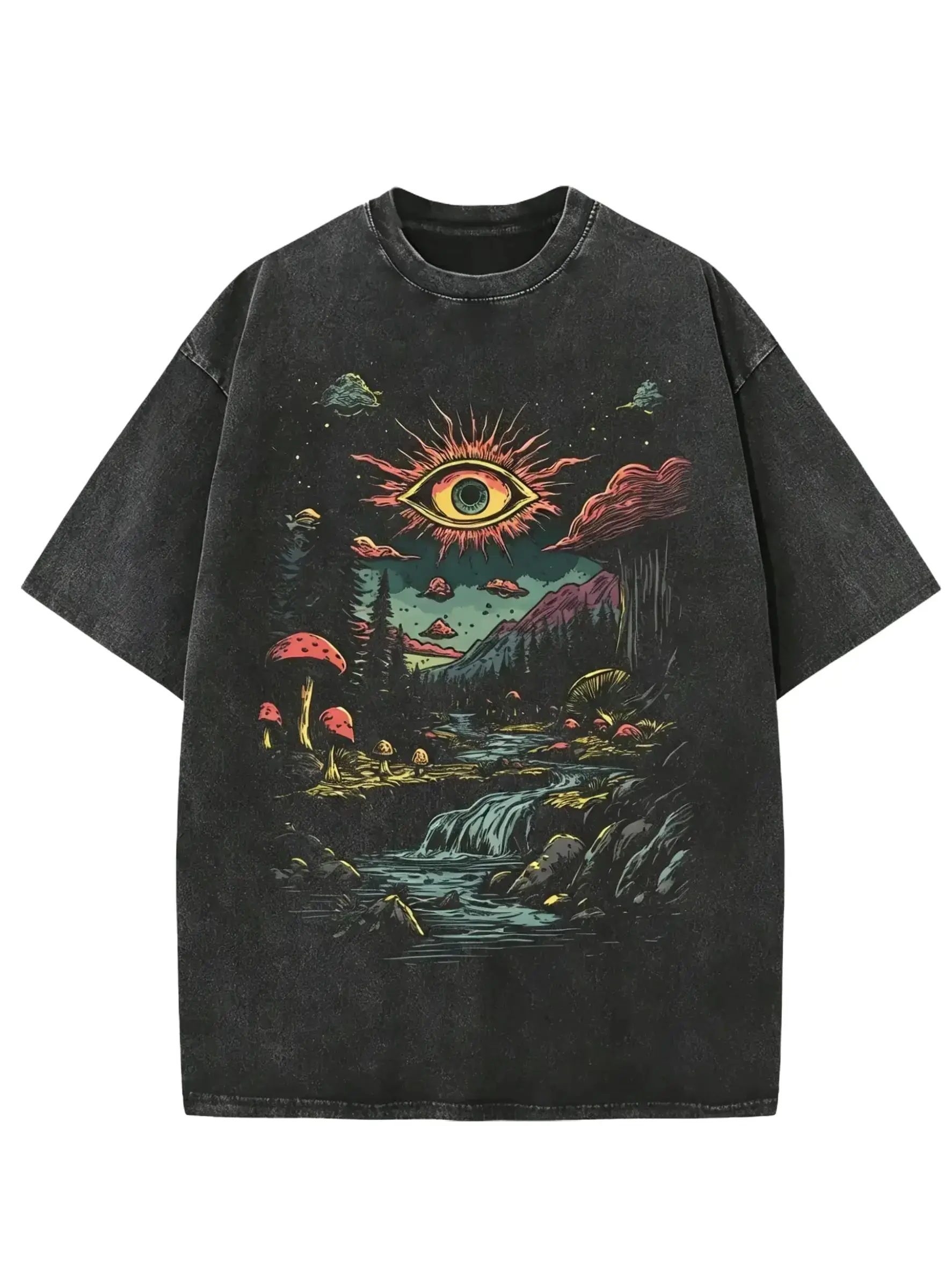 Vintage Washed Graphic T-Shirt - Fantasy Forest Eye Aesthetic Oversized Tee, Psychedelic Nature Art Streetwear, Heavyweight 230G Cotton Distressed Top, Retro Mushroom Core Apparel for Men & Women, Unisex Edgy Casual Summer Gift