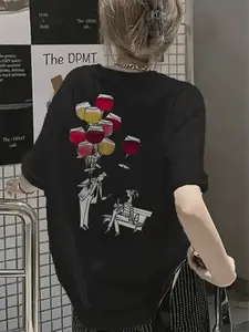 Women's White Graphic T-Shirt - Back Print Wine Glasses Design, Crew Neck Casual Everyday & Party Top - Lightweight Summer Tee for Women, Weekend Style, Playful Design, Soft Material, Short Sleeve Shirt, Fashion Lovers