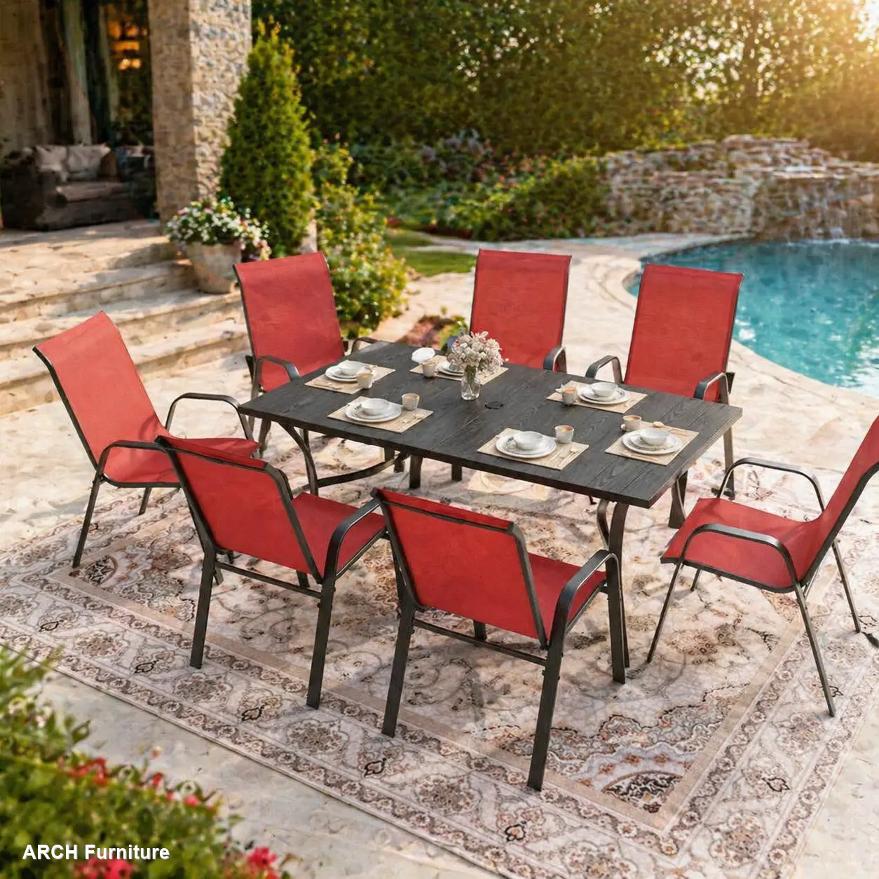 Modern 6-Piece Iron Outdoor Dining Chairs Set - 350lb Capacity Per Chair, Waterproof Teslin Fabric, Rust-Proof Metal Frame, Wide Seat, Ergonomic Design, Clean Lines, Ideal for Patios, Deck, Banquet Hall