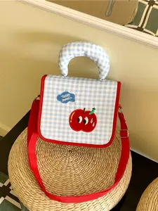 Women's Plaid Apple Zipper Closure Handbag, Cute Versatile Casual Fabric Design Shoulder Crossbody Bag, Commuter Travel Accessory