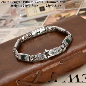 Men's Heavy-Duty S925 Silver Bracelet - Wide Band (275, 59inch )with Green and Blue Square Synthetic Gems, Vintage Industrial Jewelry, Suitable for Daily and Formal Wear - Durable Men's Bracelet, Ideal for Bold Personal Style