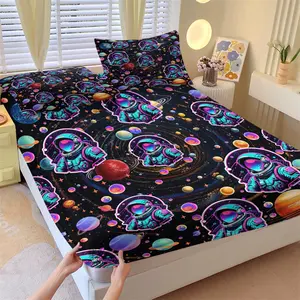 Streetwear Style Neon Astronaut Fitted Sheet Set, Bold Cyberpunk Space Print, Ultra Soft Durable Microfiber, Transform Your Teens Room into a Cool Space Haven, Perfect for Trendy Decor, 1 Bed Sheet & 2 Pillowcase