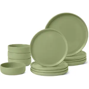 Glazed Stoneware Dinnerware, 12-Piece Set, 4 Full Place Settings, Microwave and Dishwasher-Safe, Olive