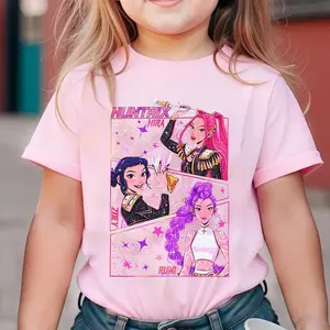 Kpop Print Jinu Manga Graphic Tee, Kpop Youth Shirt, Saja Girls Kpop Pink T-Shirt, 100% Cotton T-shirt