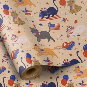 Patriotic Cat Gift Wrap Paper Roll, Multi-Color Cat and American Flag Print, 43.2cm X 500cm, Ideal for Holidays, DIY Crafts, Decorations