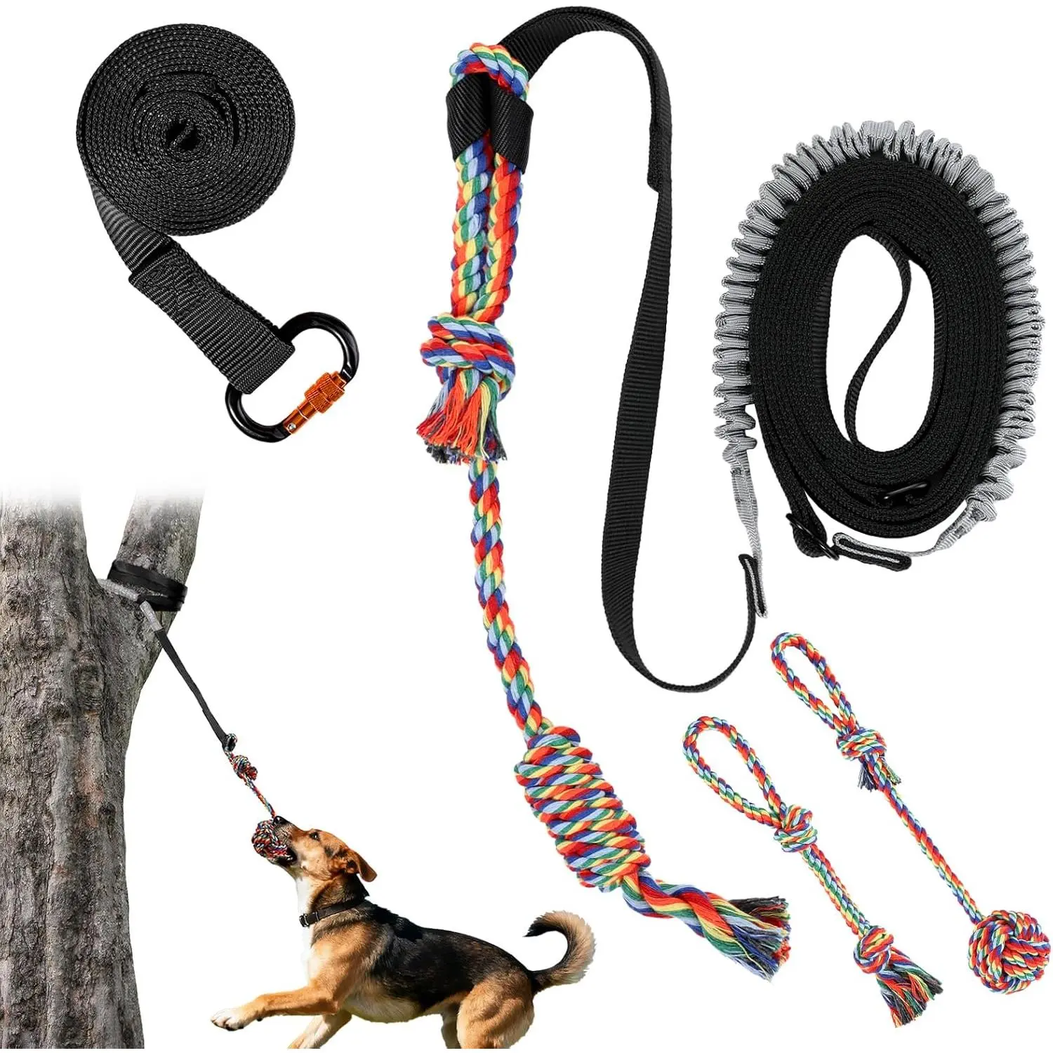 Nylon Fiber Outdoor Retractable Bungee Hanging Toy for Dogs - 3 Chew Ropes, 143.7-158.03 in Tree Tether, Interactive Play & Exercise for All Sizes, Black+Grey, Bungee Tug Toy