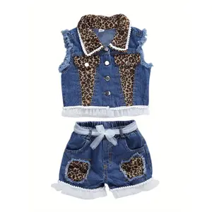 Baby Summer Outfit Sets Sleeveless Leopard Print Denim Top And Leopard Print Denim Shorts, for Outdoor