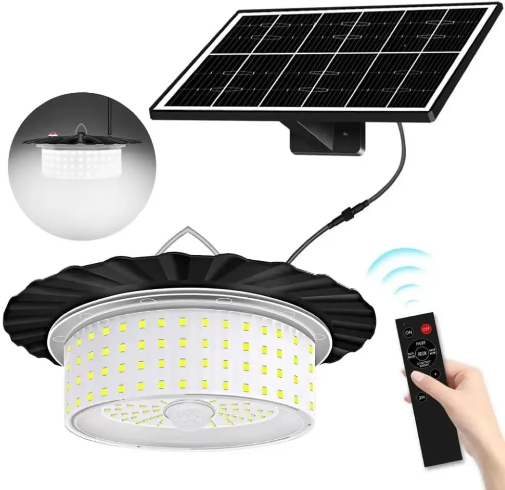 Solar Light Outdoor Motion Sensor Lights, 360° Lighting Waterproof Solar Powered Pendant Light with Remote Control for Home, Shop, Garage, Patio, Yard