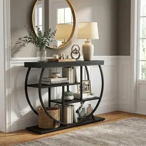 Garvee 39 in Farmhouse Entryway Table with Storage, 4 Tier Wooden Console Table Behind Couch with Metal Geometric Frame, Hallway Furniture for Small Spaces Apartment, Black