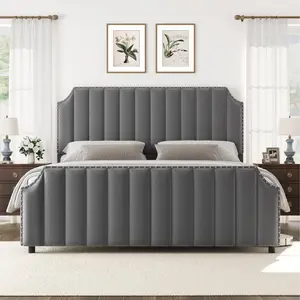 Garvee King Size Platform Bed Frame with 50.2" Tall Headboard, Velvet Upholstered Bed Frame King with Vertical Channel Tufted Headboard & Footboard, Nailhead Trim, No Box Spring Needed, Grey