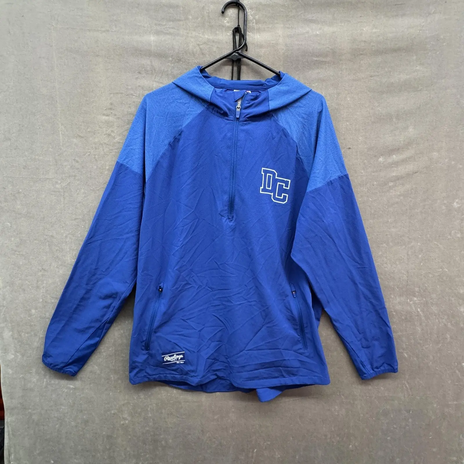 Rawlings Pullover Jacket Mens Large Blue Hooded Quarter Zip DC Logo Windbreaker