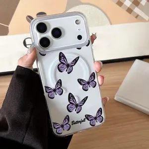 Beautiful Purple Butterfly Theme Transparent Magnetic Phone Case, Suitable for iPhone 17 Air/16 Plus/15 Pro Max/14 Pro/13/12/11/XS Max/X Phone Case, Ideal Gift for Family, Friends, Lovers, Boyfriend, Girlfriend on New Year and Christmas