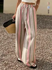 Women's Spring & Autumn Daily Bohemian Linen-Look Striped Drawstring Wide-Leg Draped Floor-Length Pants Home Outdoor City Loose Trend Casual Elegant Youth Simple Versatile Texture Temperament Literary Art