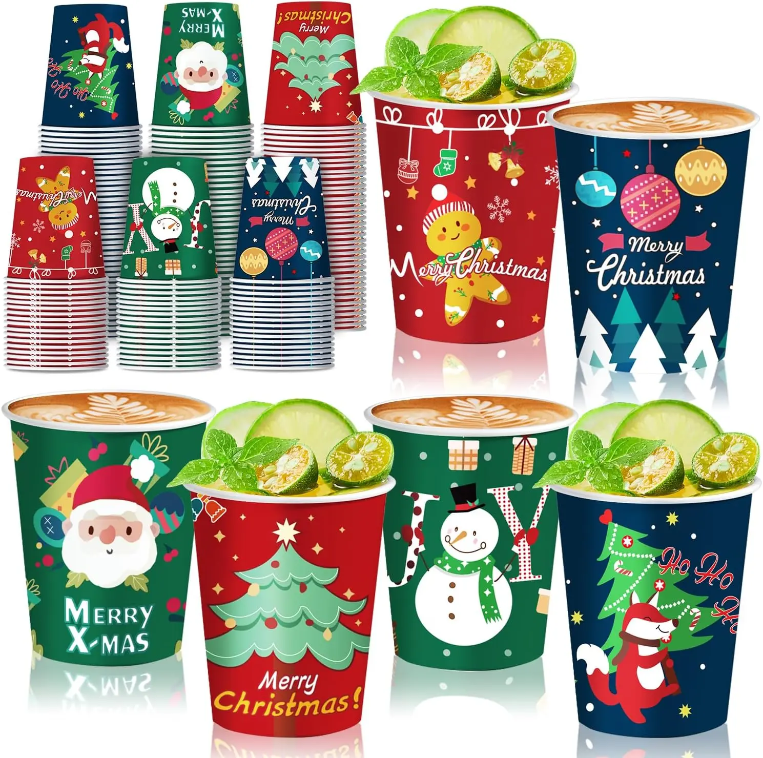 48 Pcs 9oz Happy New Year Paper Cups, Disposable Cups with 6 Designs Including Santa Claus, Happy New Year Trees, etc. Perfect for Xmas Party Drinks, Coffee, and Wine, for Christmas Night Decorations
