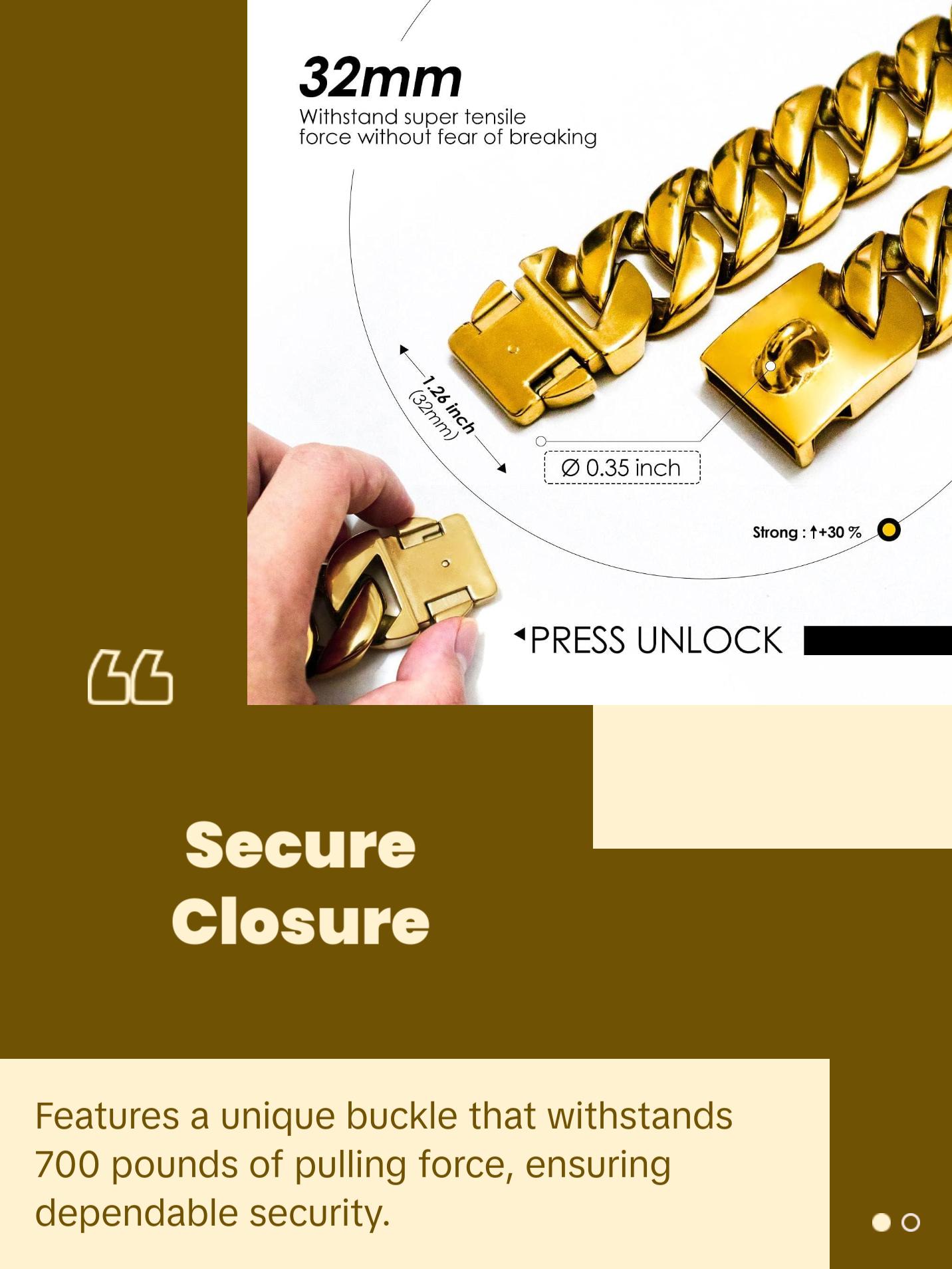 Big Dog Chain Collars, Txprodogchains 32MM Thick Cuban Link Dog Collar Strong Metal Dog Cuban Link Collar with Buckle, Solid Stainless Steel Gold Dog Collars for Large Dogs txprodogchains