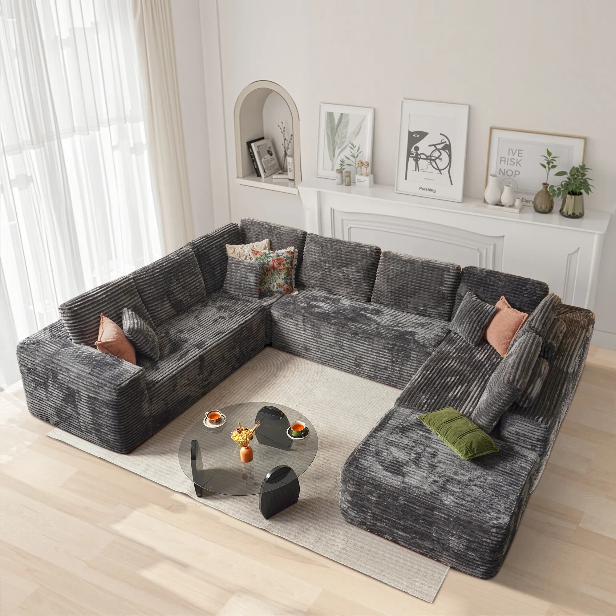 Modern U-Shaped Modular Boneless Upholstered Corner Large Cozy Sofa - Pre-Assembled Fluffy Corduroy Couch with Fixed Arms, Deep Seat Sofas & Ottoman for Living Room, Boneless Upholstered Sofas