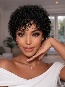 black color 150% Denisty for women daily party cosplay use wig machine made natural black color pixie cut human hair wigs short kinky curly pixie wig
